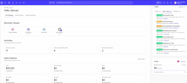 Capsule CRM dashboard CRM dashboard interface showing recent activity, tasks, sales pipeline, and goals. Features navigation bar at the top and user profile on the right.