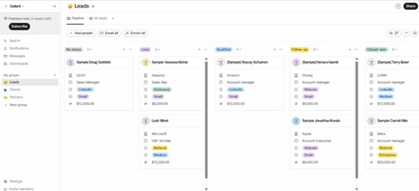 Folk CRM dashboard A CRM dashboard displaying a leads management system with categorised columns for potential, qualified, follow-up, and closed leads.