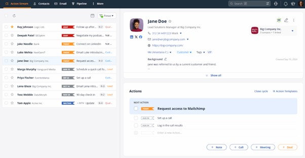 OnePage CRM dashboard A CRM dashboard showing a contact list on the left and detailed contact information for Jane Doe on the right, with action items below.