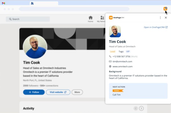 A computer screen showing a professional profile with contact details and a sidebar featuring a CRM tool for managing the profile's information.