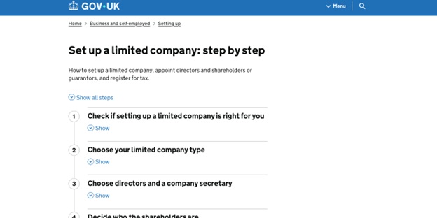 Screenshot of a GOV.UK webpage titled "Set up a limited company: step by step", listing steps and options to expand for more details.