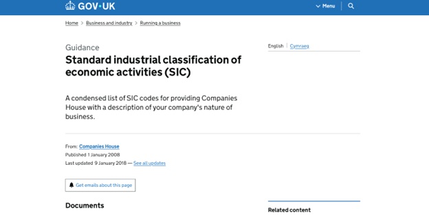 Screenshot of a GOV.UK webpage titled "Standard industrial classification of economic activities (SIC)" with links and publication details.