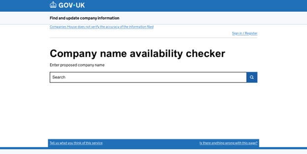 Screenshot of the GOV.UK company name availability checker page with a search bar for entering a proposed company name.