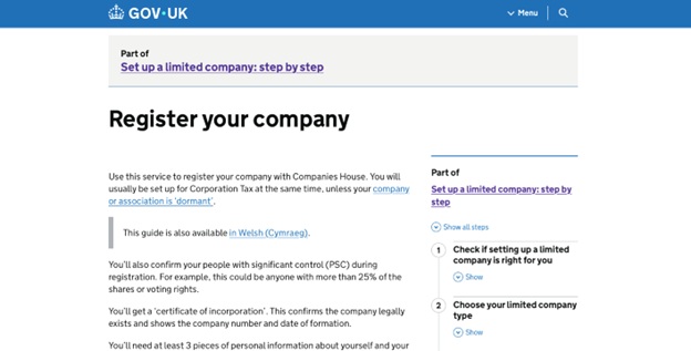 Screenshot of the GOV.UK page titled "Register your company," with navigation links and a guide available in Welsh.