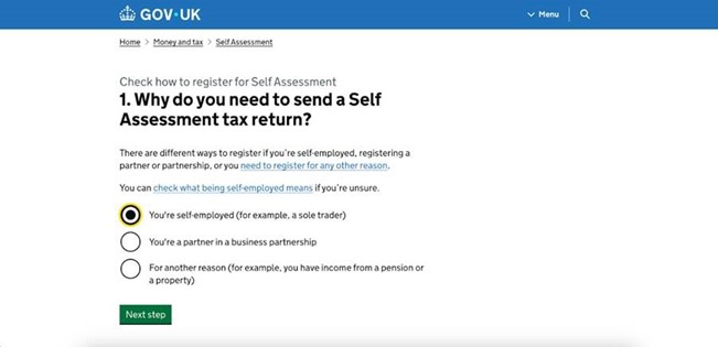 Web page titled "Why do you need to send a Self Assessment tax return?" with options for self-employment status and a "Next step" button.