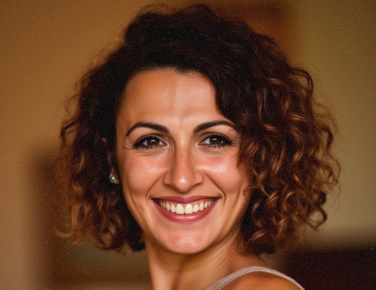 A smiling white woman with curly brown hair in a warm, softly lit setting. She has a genuine, friendly expression, conveying a sense of joy and warmth.