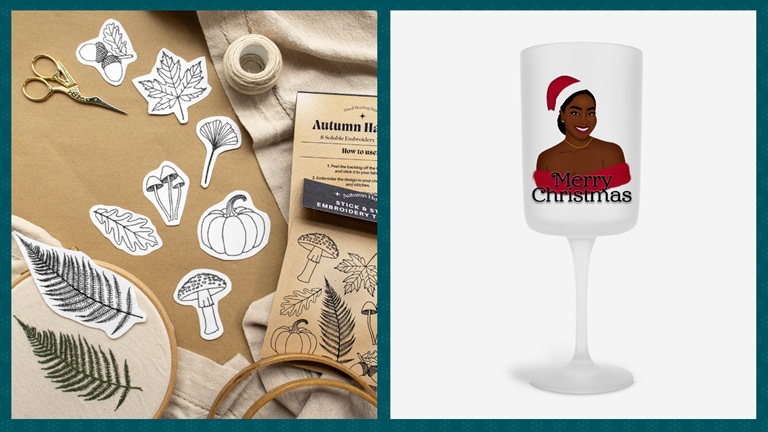 Stationery: creative gifts from independent artisans Craft supplies with leaf and mushroom designs on the left; a Christmas-themed glass with a woman wearing a Santa hat on the right.
