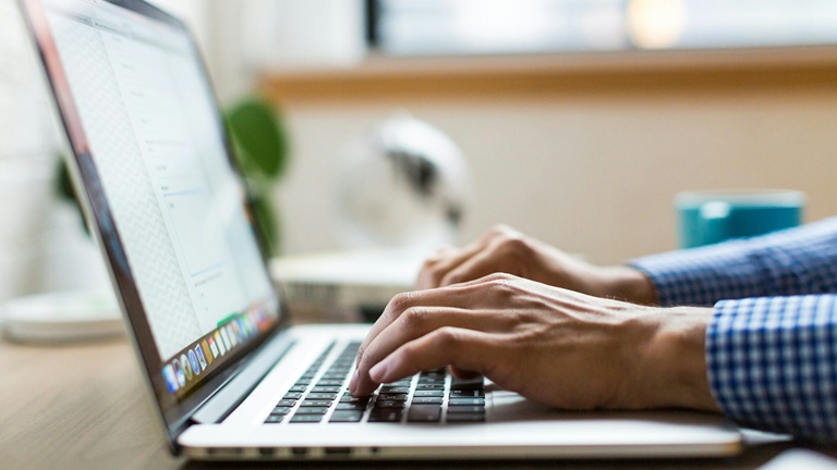 Hands typing on a laptop Person typing on a laptop in a well-lit room, with a window and a plant in the background.
