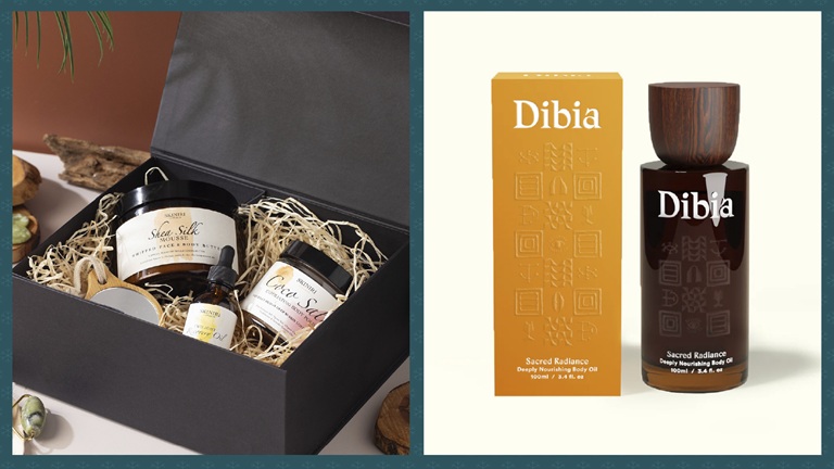 Beauty and wellness: pampering gifts from local businesses Gift box with skincare products on the left, including jars and a dropper bottle. On the right, a Dibia bottle and packaging in brown and orange.