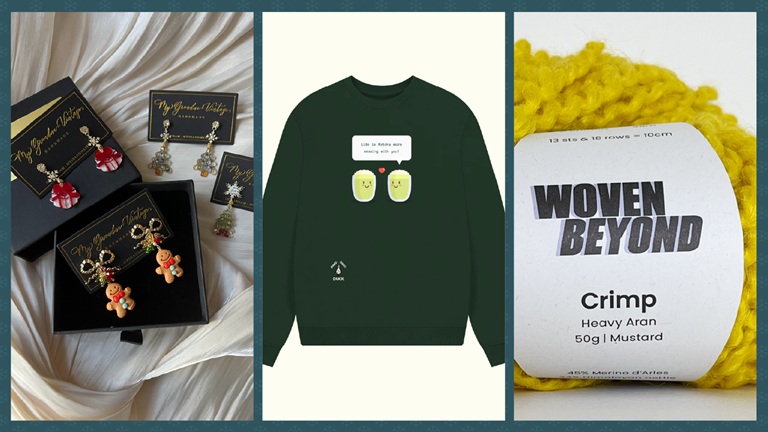 Fashion and jewellery: stylish gifts from small London designers Earrings with mushrooms and gingerbread men, a green sweater with cute graphics and mustard yellow yarn labelled "Woven Beyond."