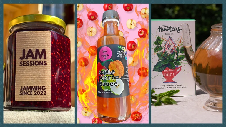 Food and drink: delicious treats from London’s small businesses A jar of jam, a bottle of apple sauce and a box of tea are displayed against colourful backgrounds.