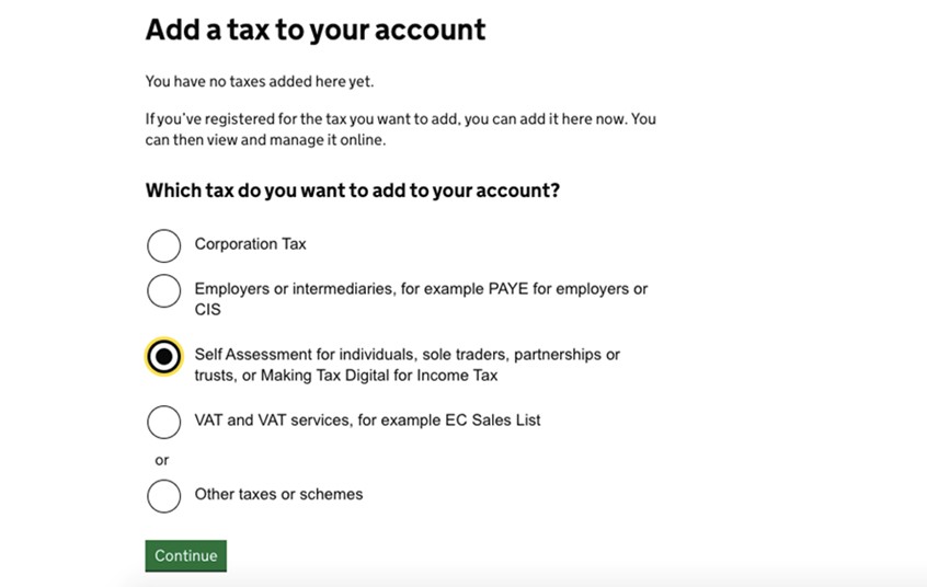 Tax account addition page with options for Corporation Tax, PAYE, Self Assessment, VAT, and other taxes. "Self Assessment" is selected.