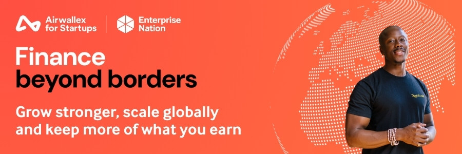 Black man in black shirt smiling, standing beside text: "Finance beyond borders. Grow stronger, scale globally and keep more of what you earn." Orange background.