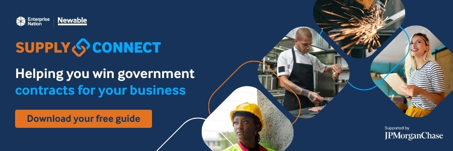 Banner for the Supply Connect programme, featuring diverse professionals and text: "Helping you win government contracts for your business. Download your free guide.
