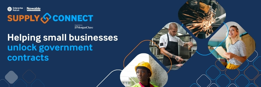 Banner for "Supply Connect" featuring diverse workers and text: "Helping small businesses unlock government contracts."