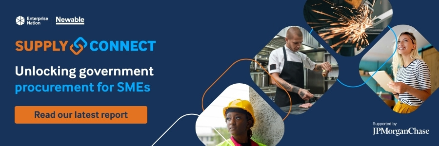 Unlocking government procurement for SMEs: Read our latest report Banner promoting "Supply Connect," focusing on government procurement for SMEs, featuring diverse professionals and supported by JPMorgan Chase.