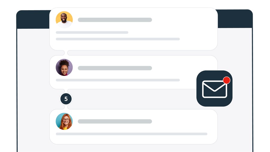 Illustration of a messaging app interface with three user icons, message previews, and a notification icon showing five unread messages.