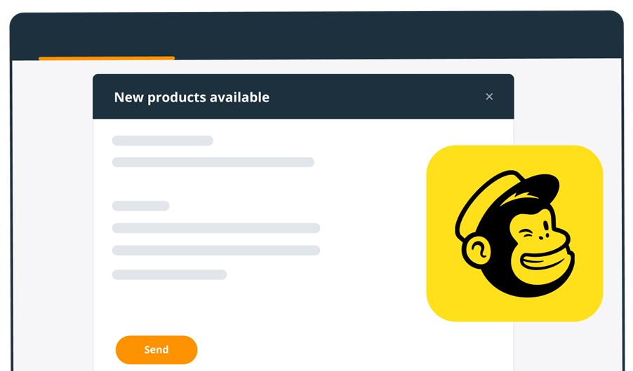 Email notification with "New products available" message and Mailchimp logo on the right, featuring a smiling chimp in a yellow square.
