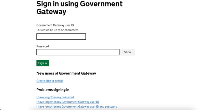 Government Gateway login page with fields for user ID and password, a "Sign in" button, and links for creating an account and recovering login details.