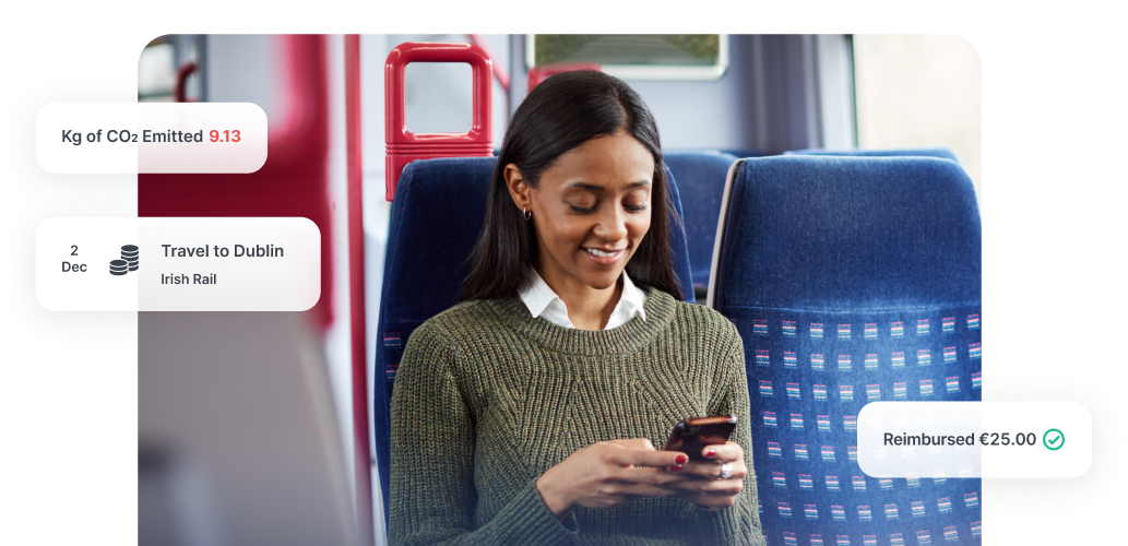 Woman using phone on train, with travel details: CO2 emitted 9.13 kg, travel to Dublin by Irish Rail, reimbursed €25.00.