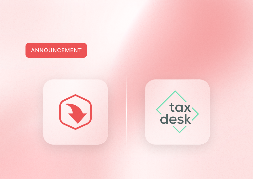 Announcement image featuring two logos: one with a red downward arrow and the other reading "tax desk" in green.