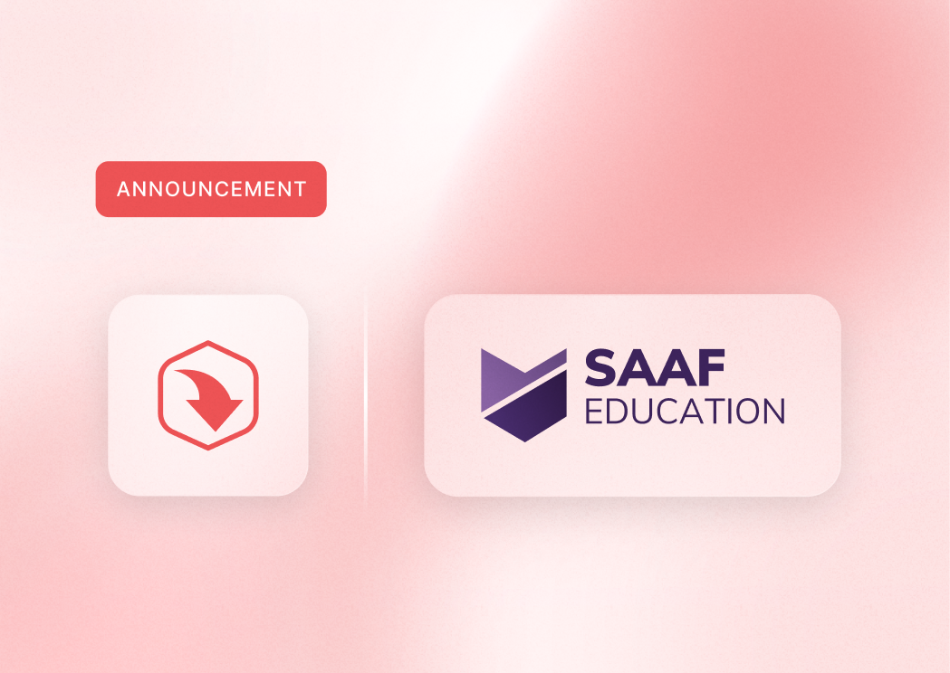 Red "Announcement" badge with two logos: a red arrow in a hexagon and "SAAF Education" with a purple stylized book icon, on a pink gradient background.