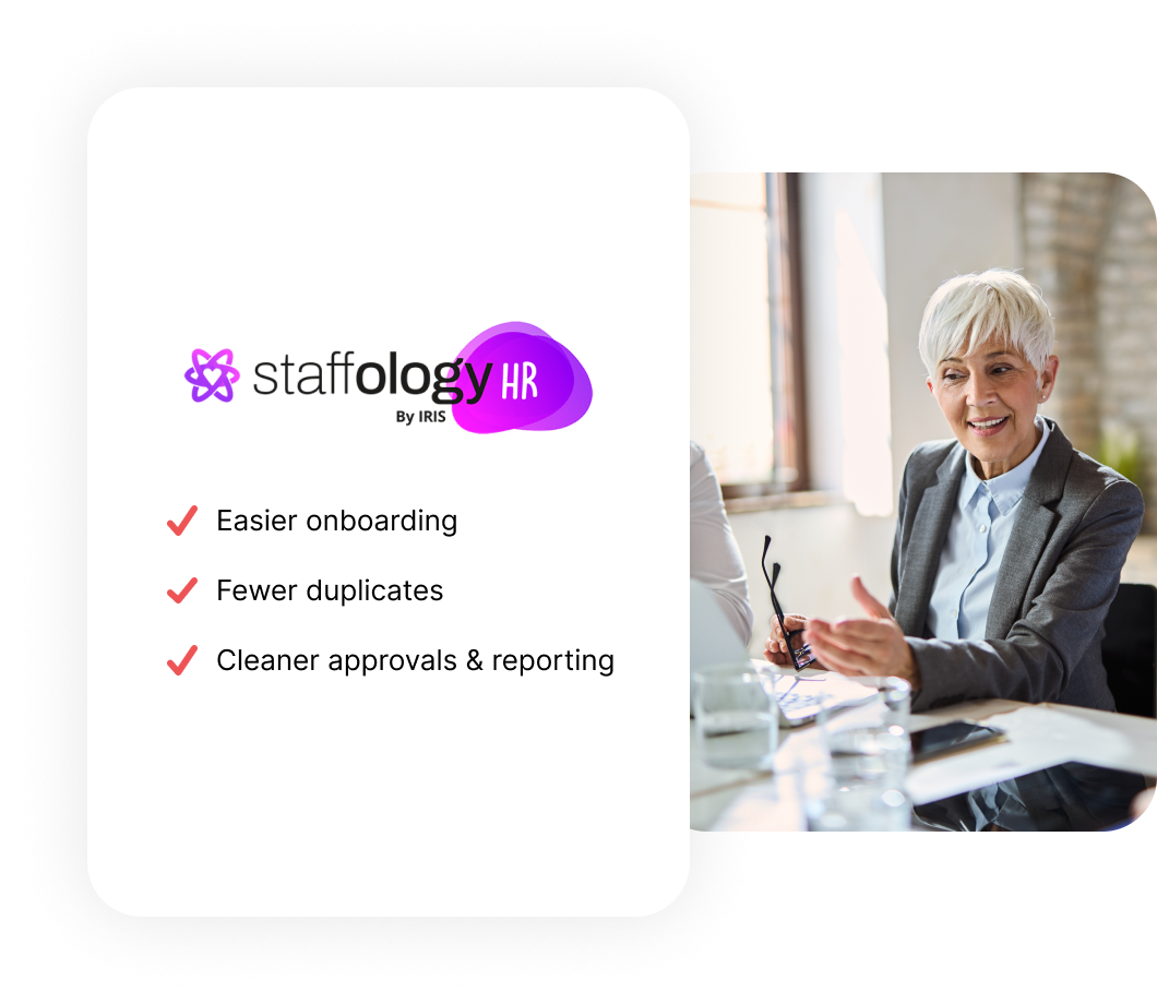 Woman in a meeting beside a Staffology by IRIS HR advertisement highlighting onboarding, fewer duplicates, and cleaner reporting.