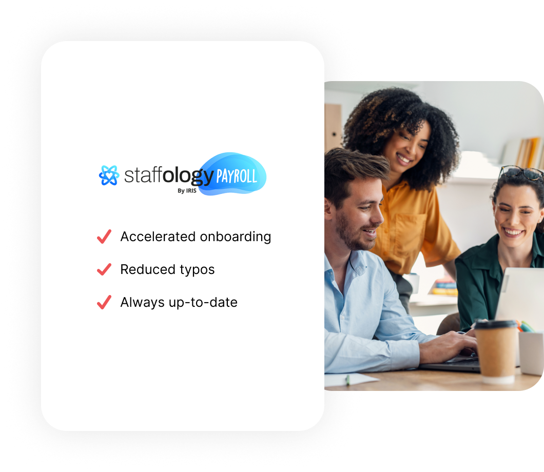 A diverse group collaborates on a laptop next to a list titled "Staffology Payroll" with benefits like accelerated onboarding and reduced typos.