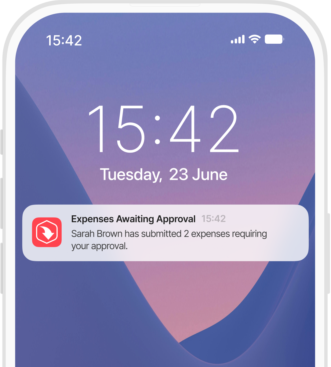 Phone screen showing a notification at 15:42 on Tuesday, 23 June, about expenses awaiting approval for two submissions.