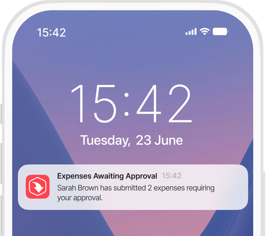 Phone lock screen showing a notification about 2 expenses submitted by Sarah Brown needing approval. Date: Tuesday, 23 June. Time: 15:42.