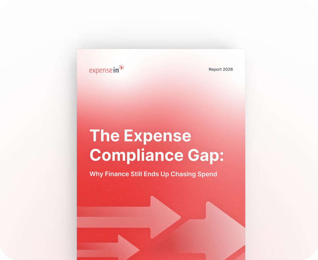 Cover of "The Expense Compliance Gap" report, 2026. Red gradient background with arrow graphics and white text.
