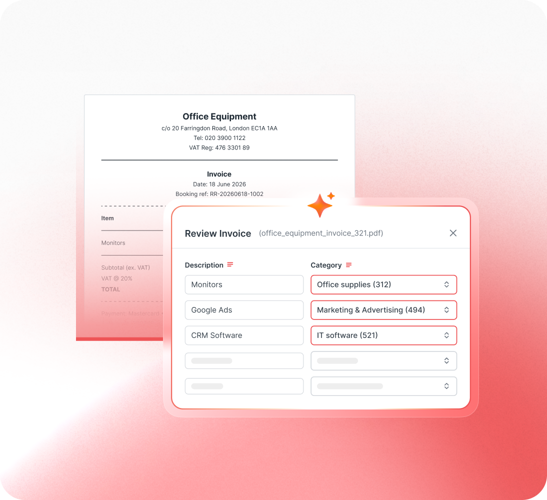A digital interface for reviewing an office equipment invoice with categorized descriptions like monitors and CRM software.