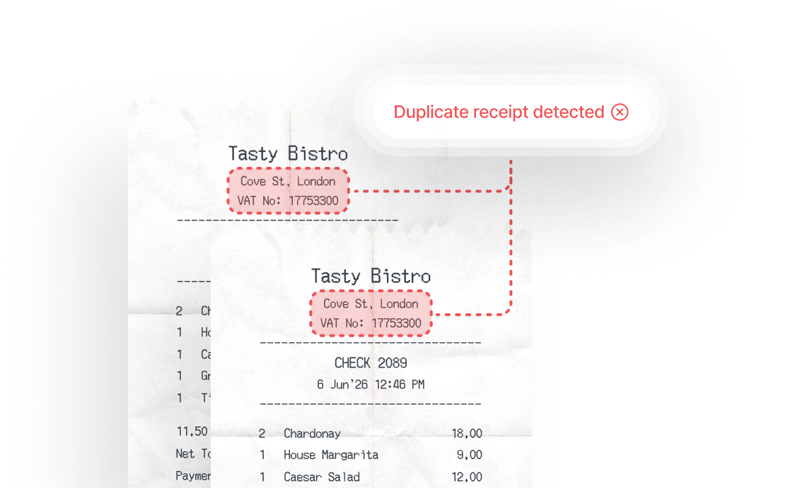 Duplicate receipts from "Tasty Bistro" with highlighted details and a "Duplicate receipt detected" alert.
