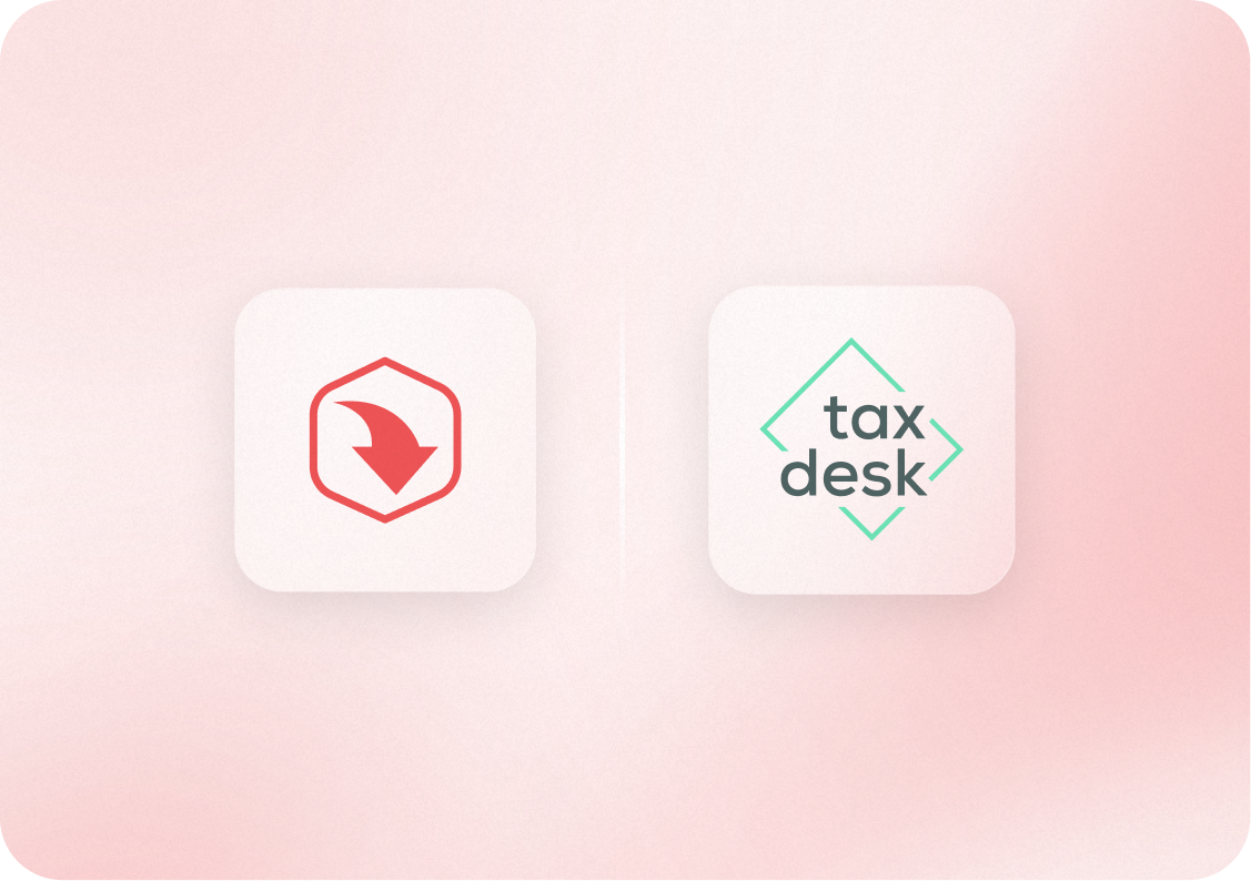 Two logos on a pink gradient background: one has a red arrow in a hexagon, the other says "tax desk" in a green-bordered diamond.