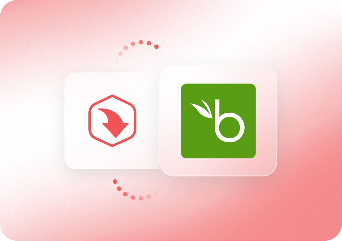 Two icons side by side on a pink gradient background, one with a red arrow, the other with a green "b" and leaf.