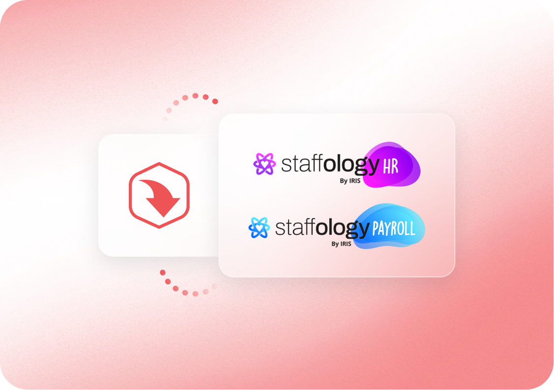 Staffology HR and Payroll logos with purple and blue accents on a pink gradient background with an arrow icon.