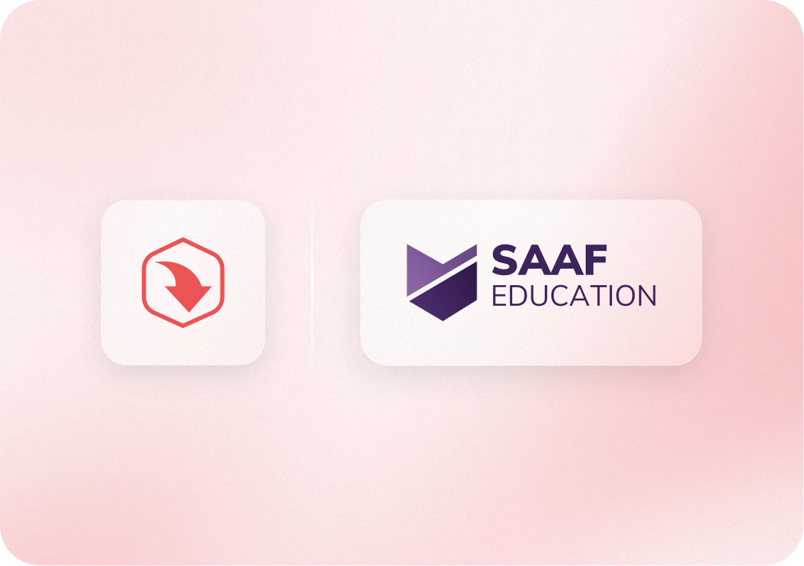Two logos on a soft pink background: a red arrow icon and "SAAF Education" in purple with a geometric design.