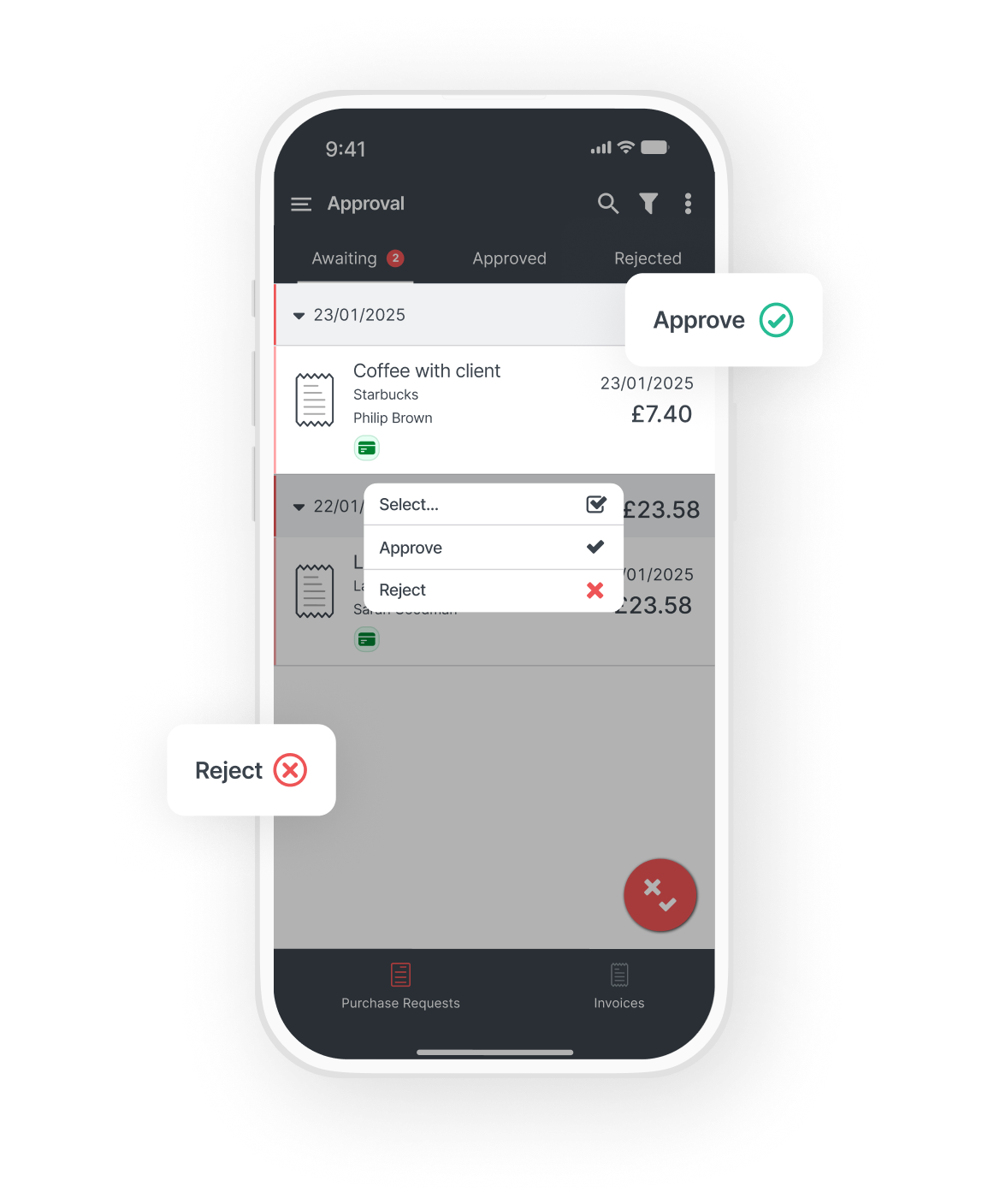 Mobile screen showing an approval list with options to approve or reject a coffee expense. Options highlighted with check and cross icons.