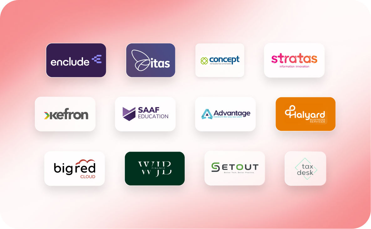 Grid of 13 business logos on a pink gradient background, featuring various company names and designs.