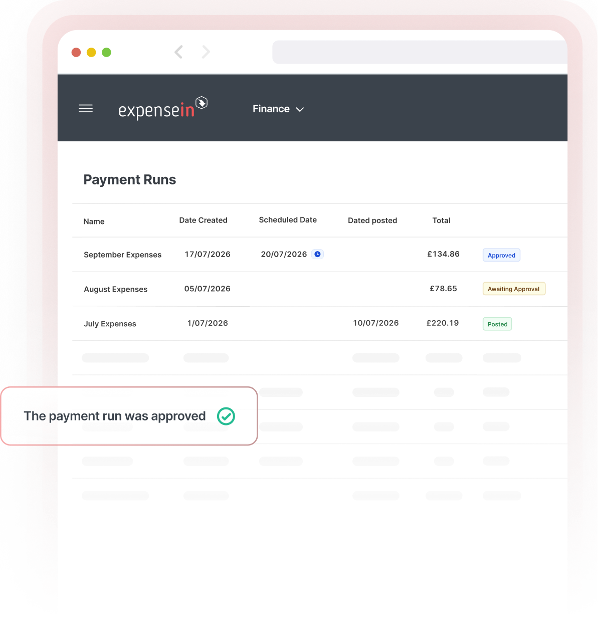 A web page displaying a list of expense payments with statuses: September approved, August awaiting approval, July posted. A popup says "The payment run was approved".