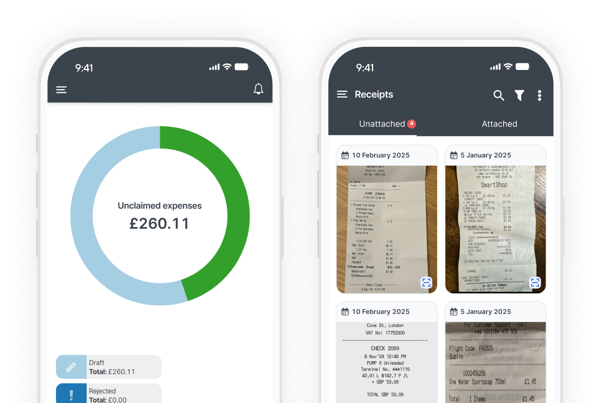 Two smartphone screens displaying an expenses app; one showing a pie chart with unclaimed expenses of £260.11, the other displaying digital receipts.