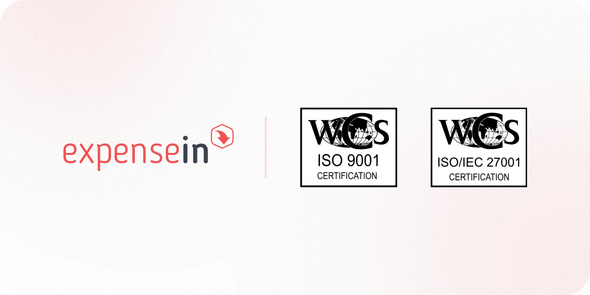 ExpenseIn logo beside two certification badges: ISO 9001 and ISO/IEC 27001 from WCS.