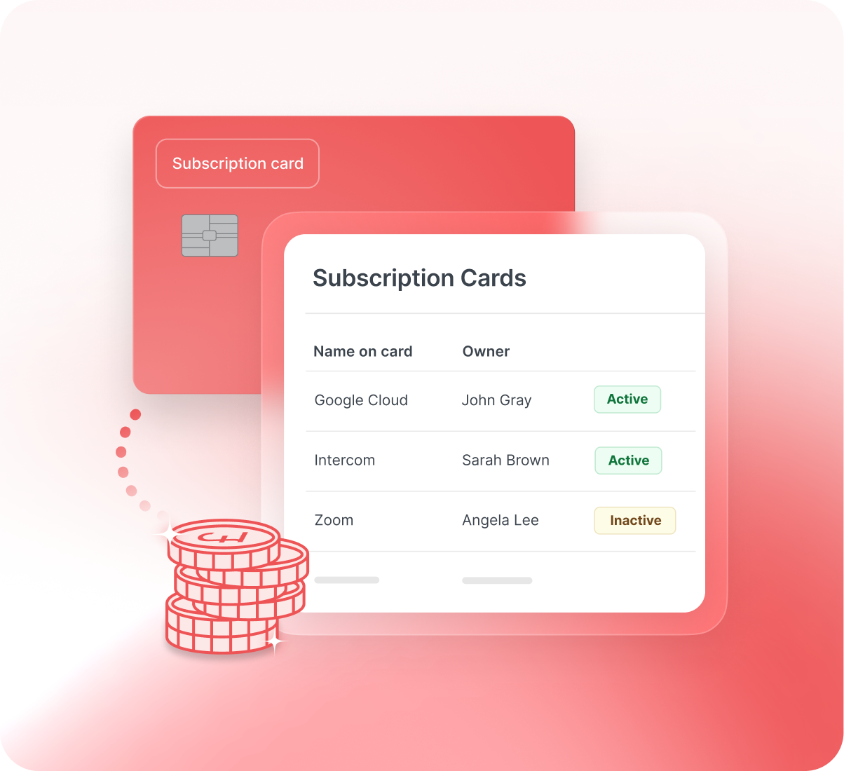 A digital illustration showing a subscription card list with various owners and statuses, alongside an image of a credit card and stacked coins.