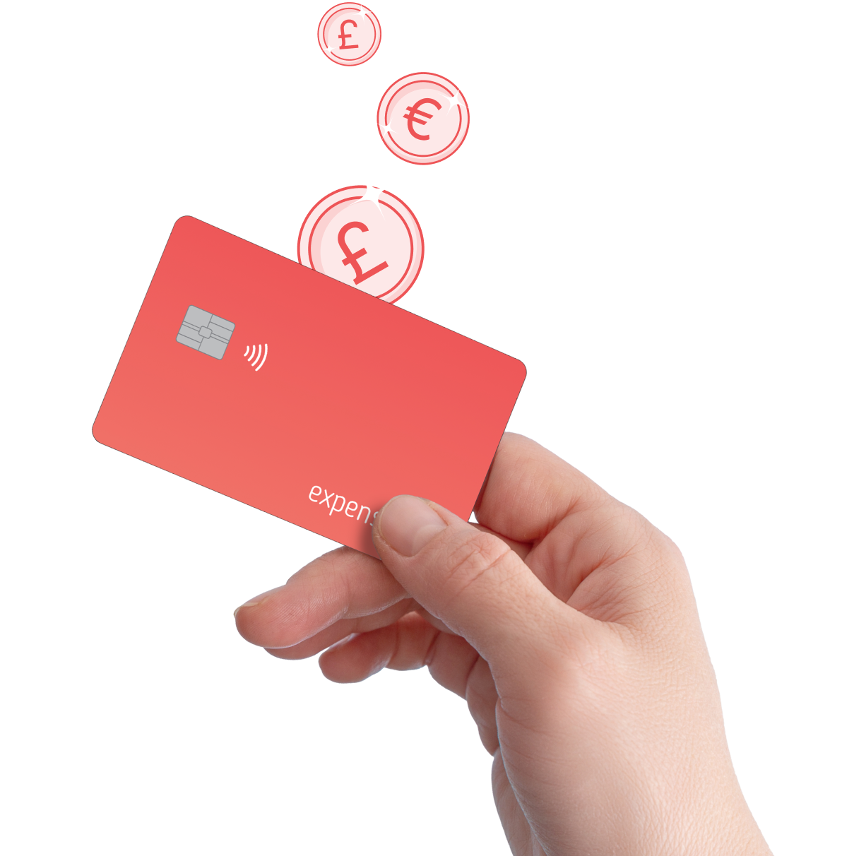 A hand holds a red credit card with contactless payment symbol. Currency symbols in bubbles float above, including pound and euro signs.