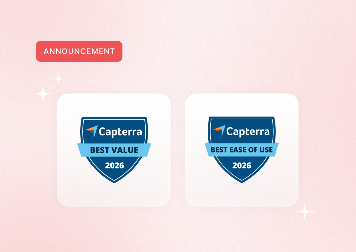 Two badges from Capterra: "Best Value 2026" and "Best Ease of Use 2026," on a pink background with an "Announcement" label.