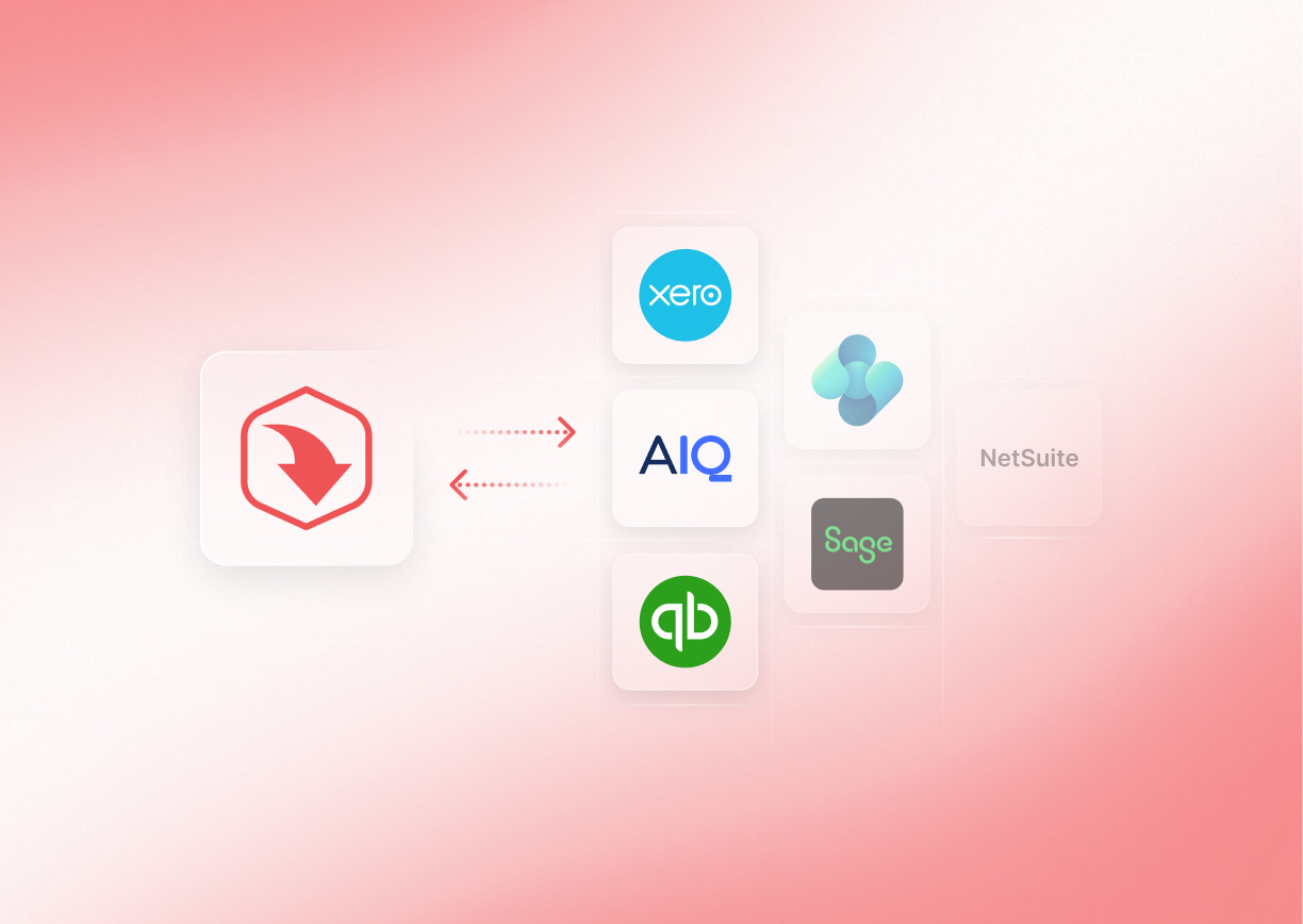 Arrows indicate integration between a central logo and various software logos, including Xero, Sage, and QuickBooks, on a pink gradient background.