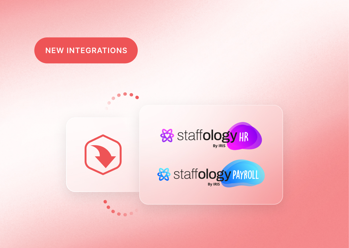 New integrations announcement featuring Staffology HR and Payroll by IRIS logos on a pink gradient background.