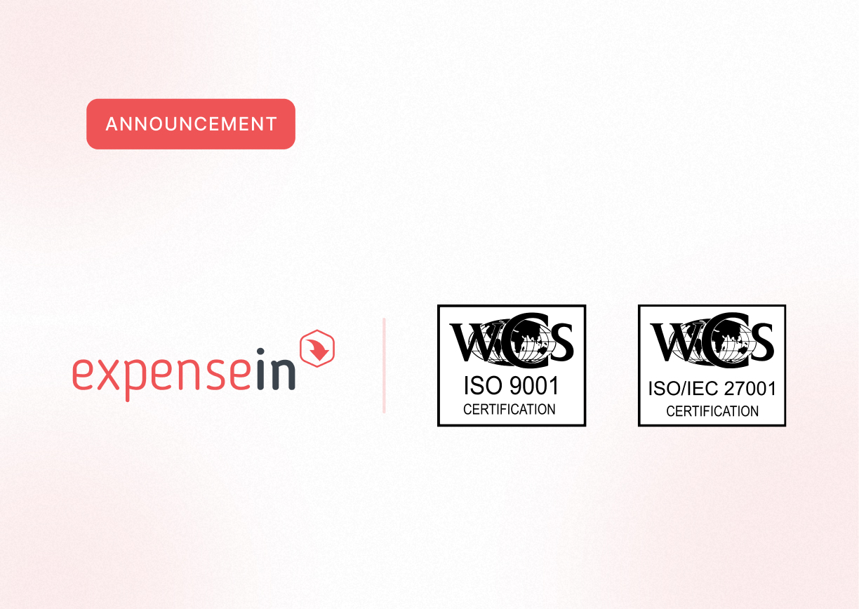 ExpenseIn announcement with ISO 9001 and ISO/IEC 27001 certification logos on a red & white gradient background.