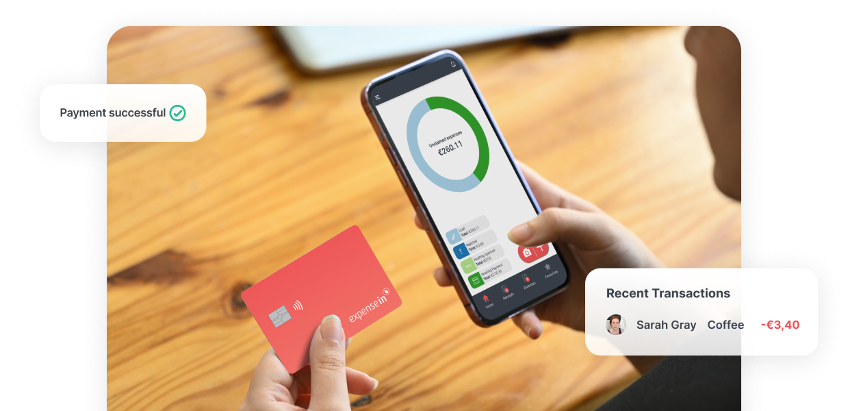 Person holding a red card and smartphone displaying a financial app with a circular chart. Text bubbles show "Payment successful" and recent transactions.