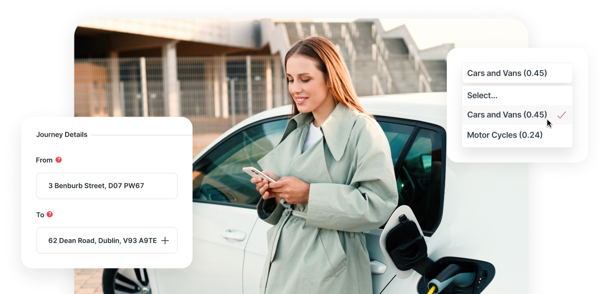 Woman using a smartphone to record mileage and journey details. Overlay shows journey details and vehicle options.